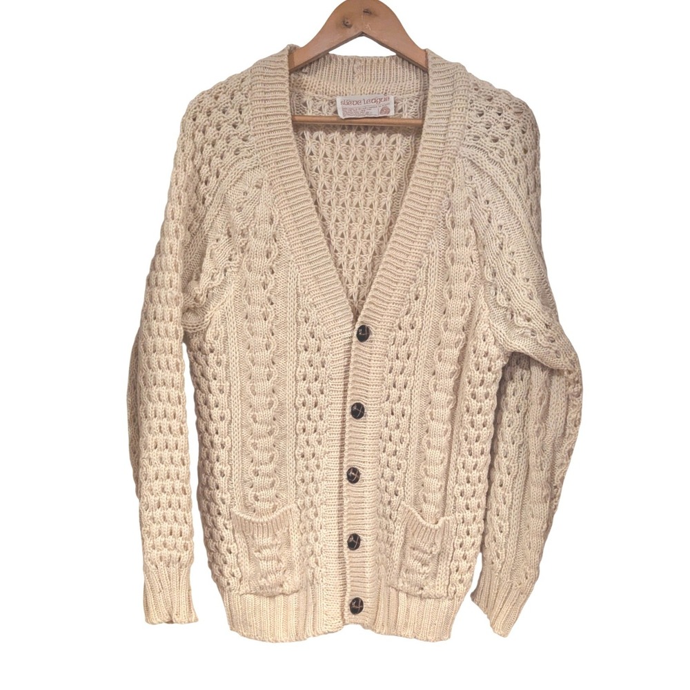 Slieve League Wool Cardigan 42 Cream Fisherman Cable Knit Equestrian Heritage